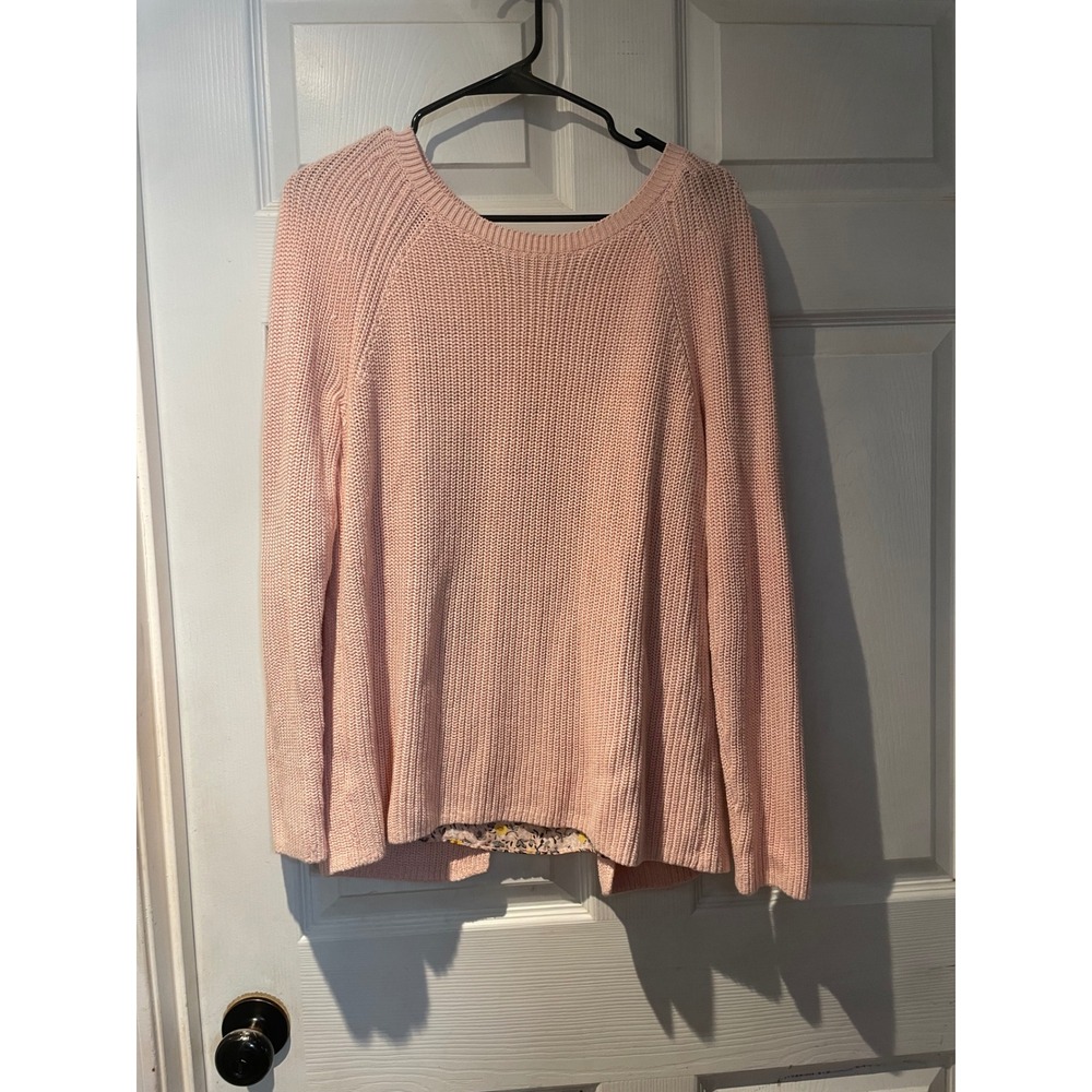 LOFT Pink Cotton Knit Sweater Floral Tie Back Mixed Media Top Womens Size M
